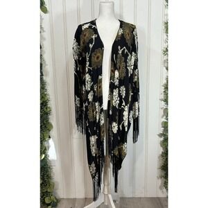 Floral Kimono Duster‎ Black White Gold Fringed Bohemian Festival Layering Hippie